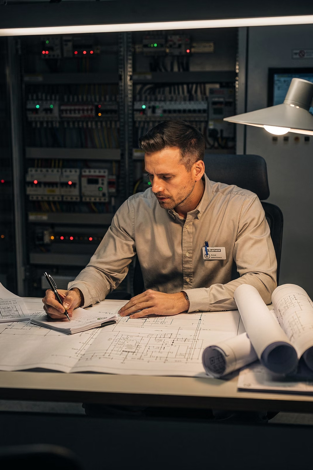 Ingeniero trabajando en planos técnicos